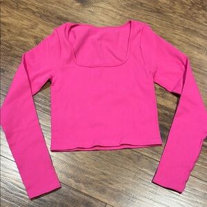 Neon pink crop ribbed long sleeve square neckline top